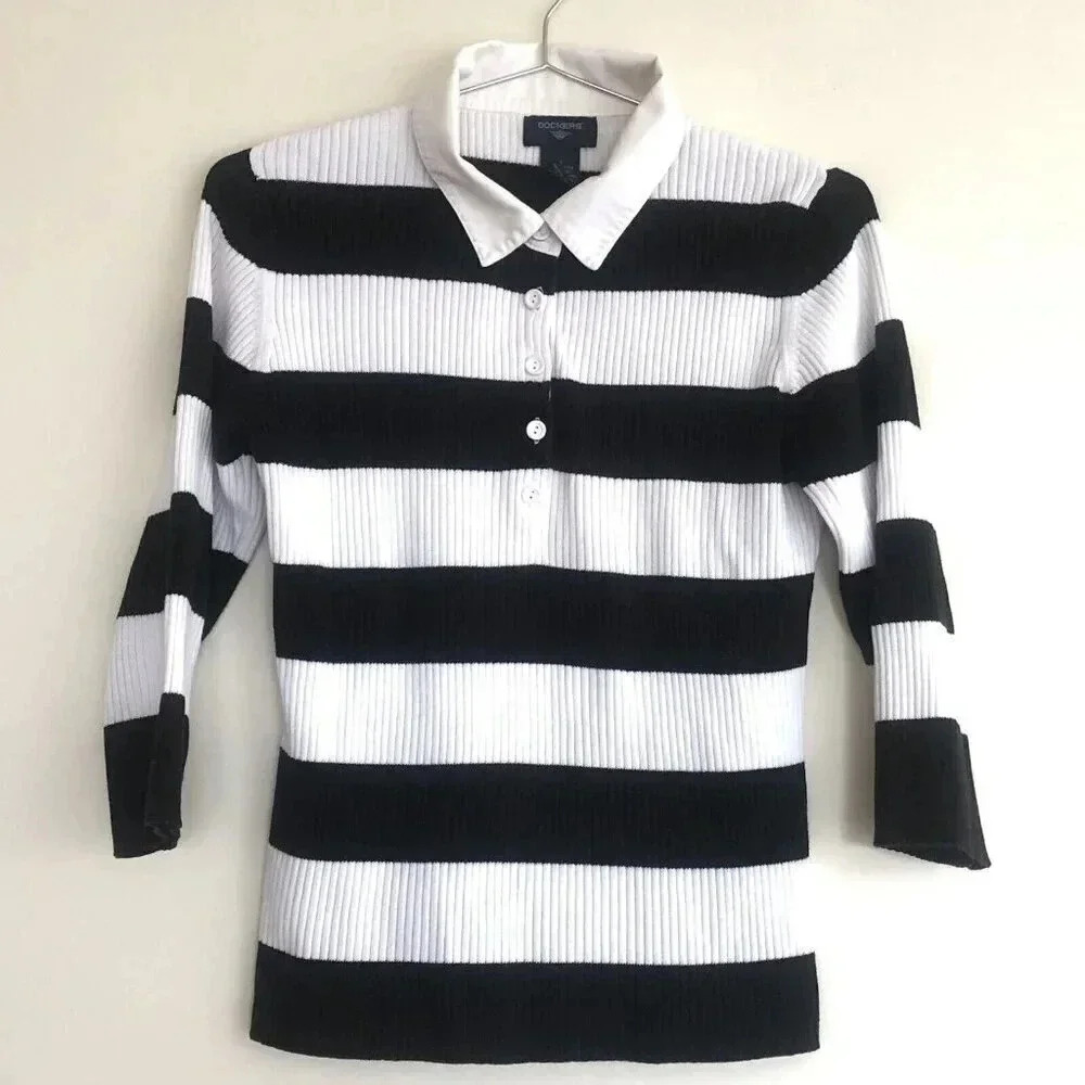 Dockers Womens MED collar striped black and white sweater Preppy Classic